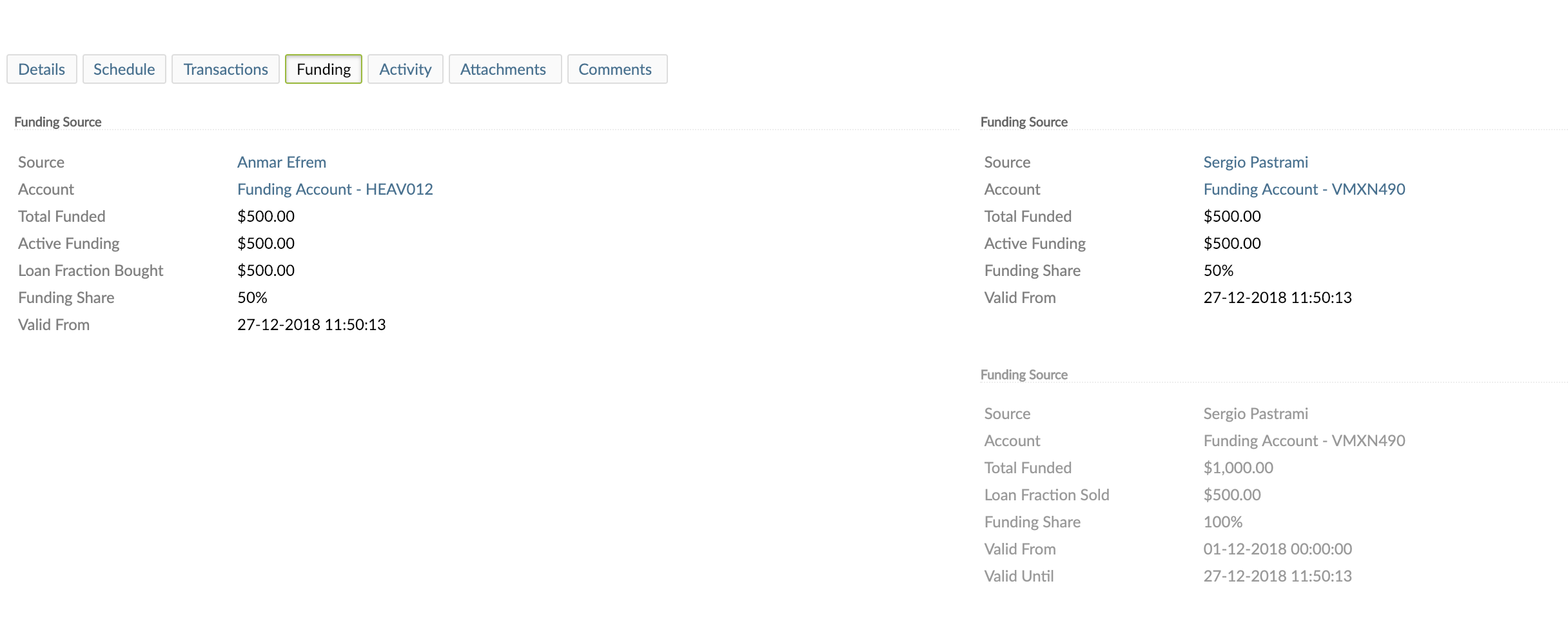 Funding tab at Loan Account level with Funding Source sections