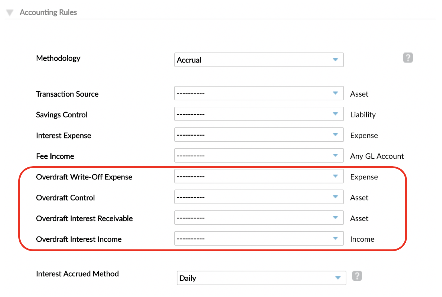 Accounting Rules section with Accrual Methodology selected.