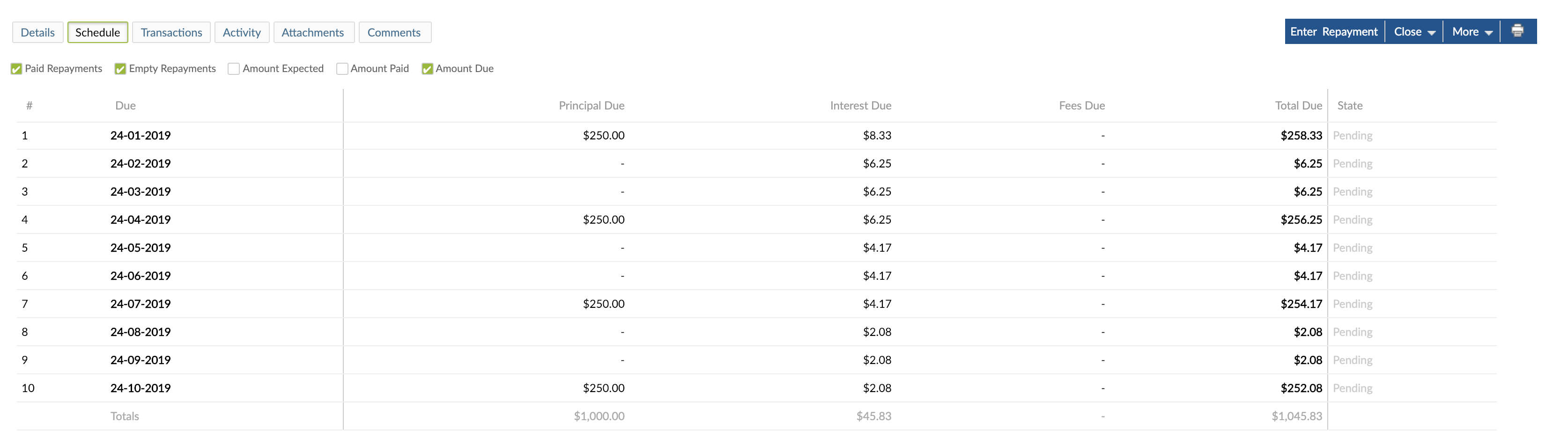 Schedule of a Loan Account with Collection Repayment Frequency set at every 3 repayments