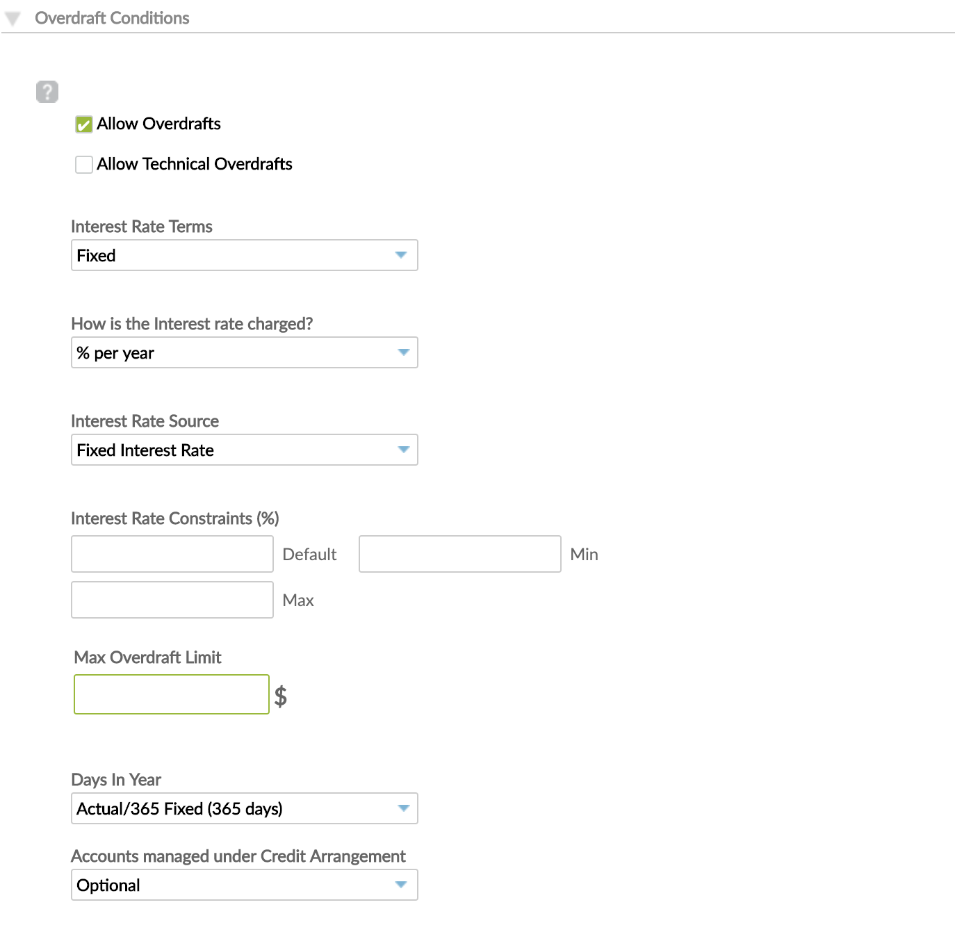 Overdraft Conditions section with many options to choose from.
