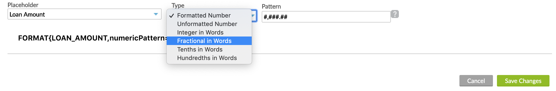 Placeholder type that can be Formatted Number, Unformatted Number, Integer in Words, Fractional in Words, Tenths in Words, Hundredths in Words