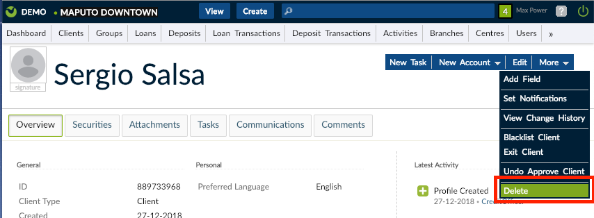Client information screen with More button menu displayed and Delete button highlighted in red