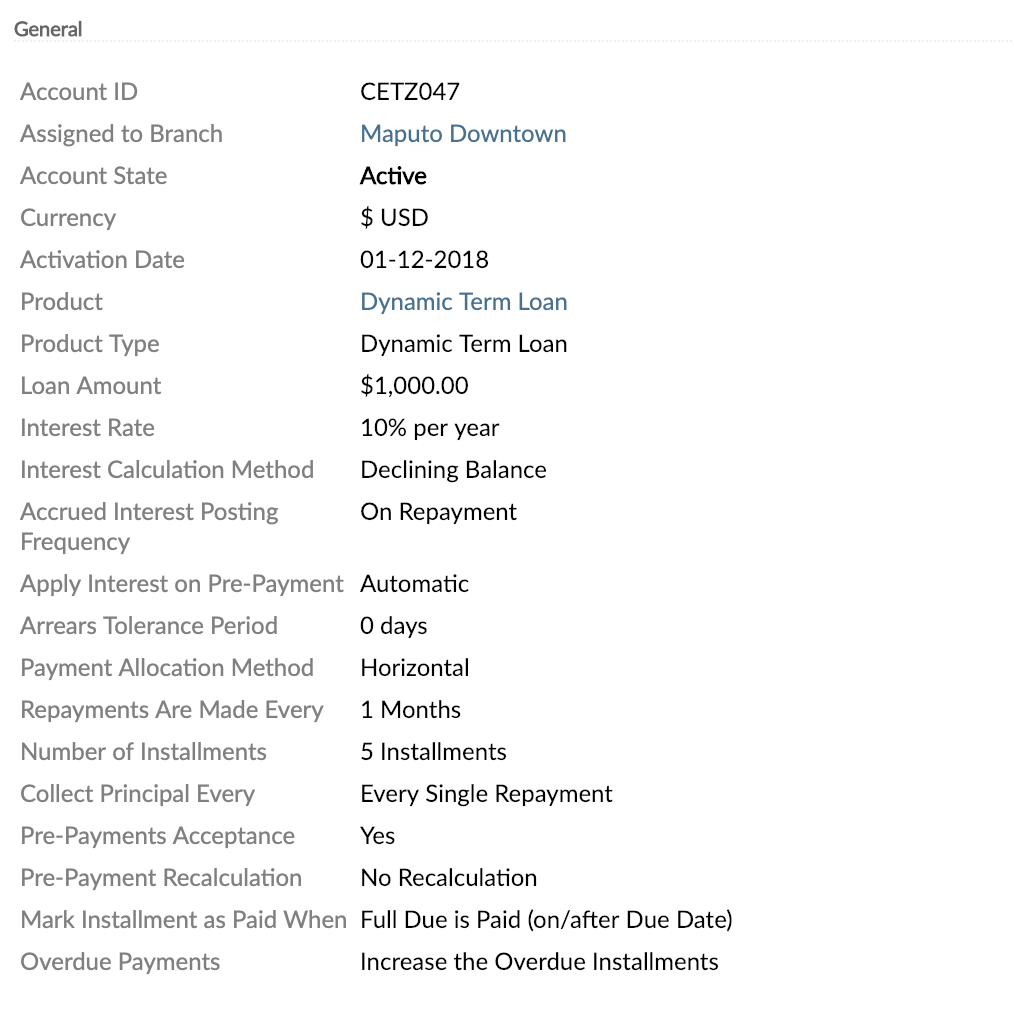 General details from Loan Account dashboard