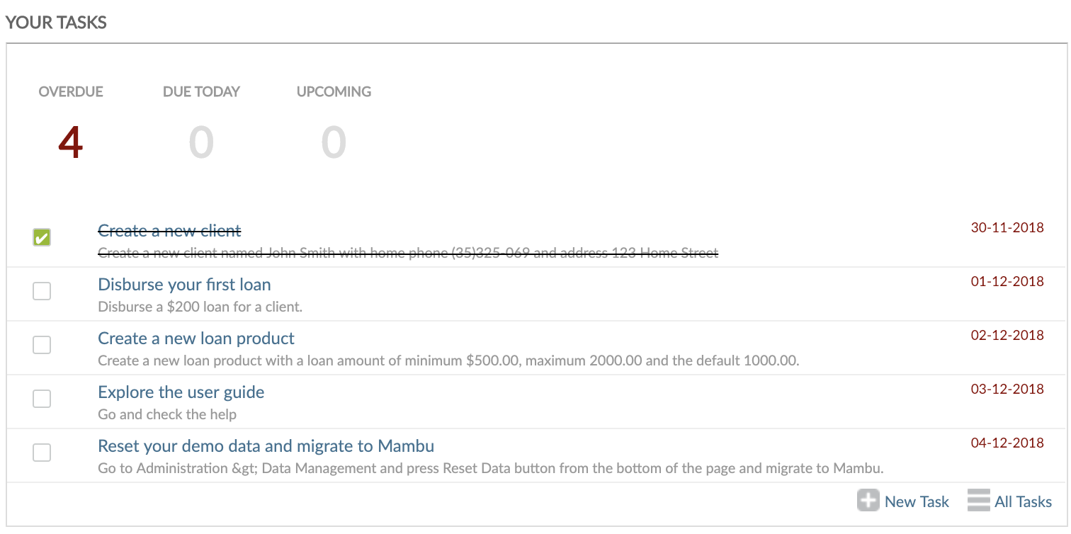 Completing tasks from Dashboard view