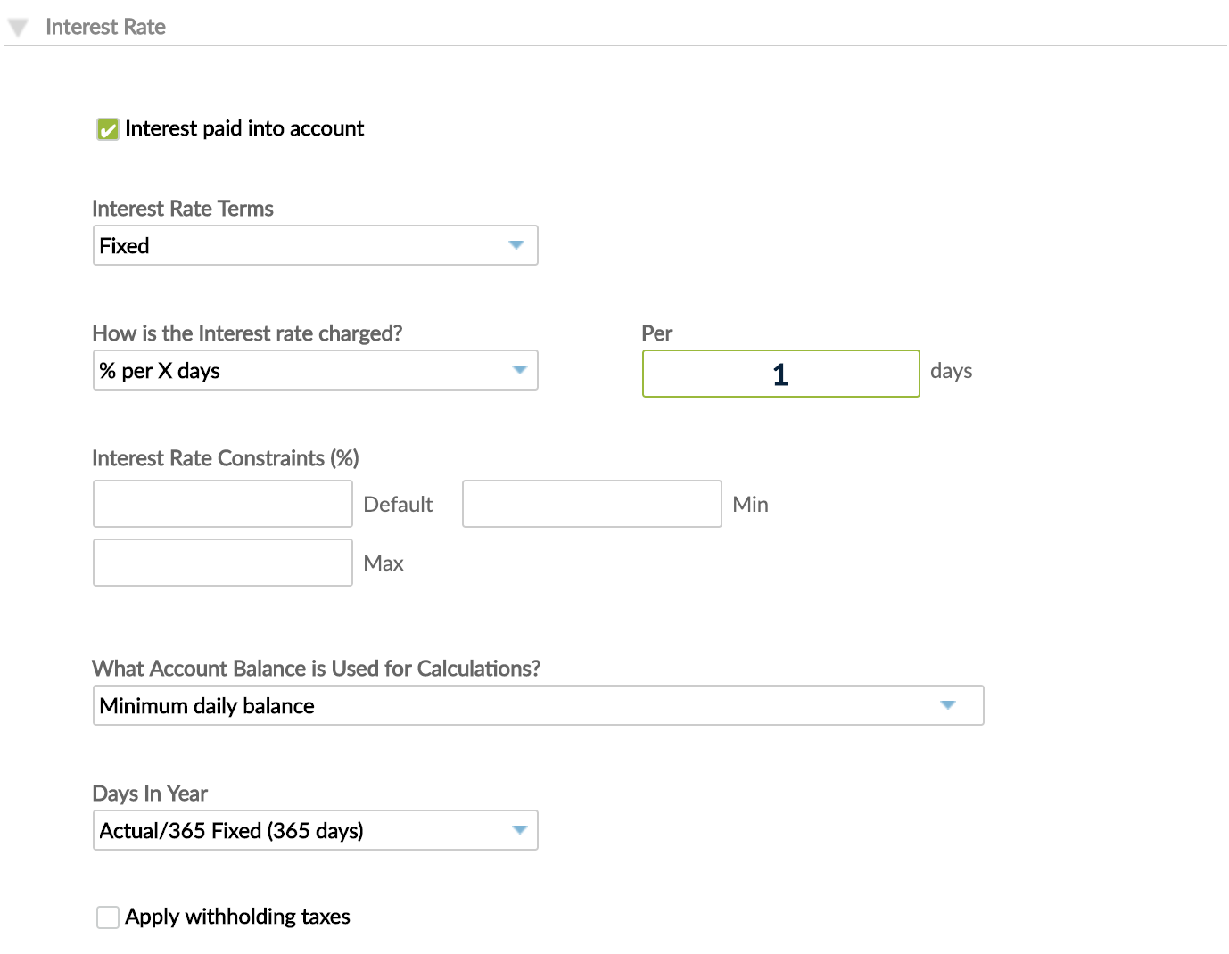 Interest Rate section with Interest paid into account option checked