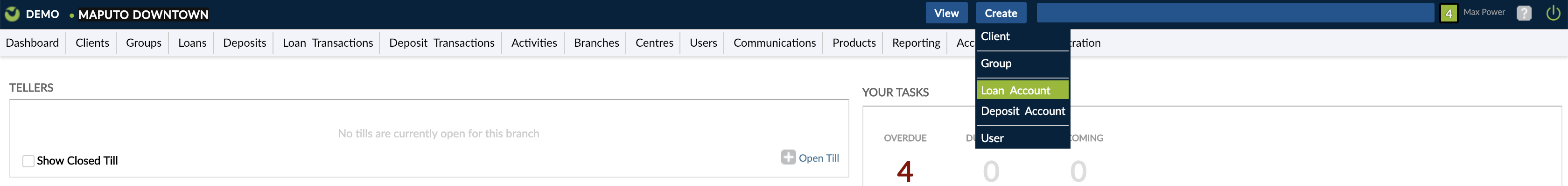 Loan Account creation from Create button top bar.