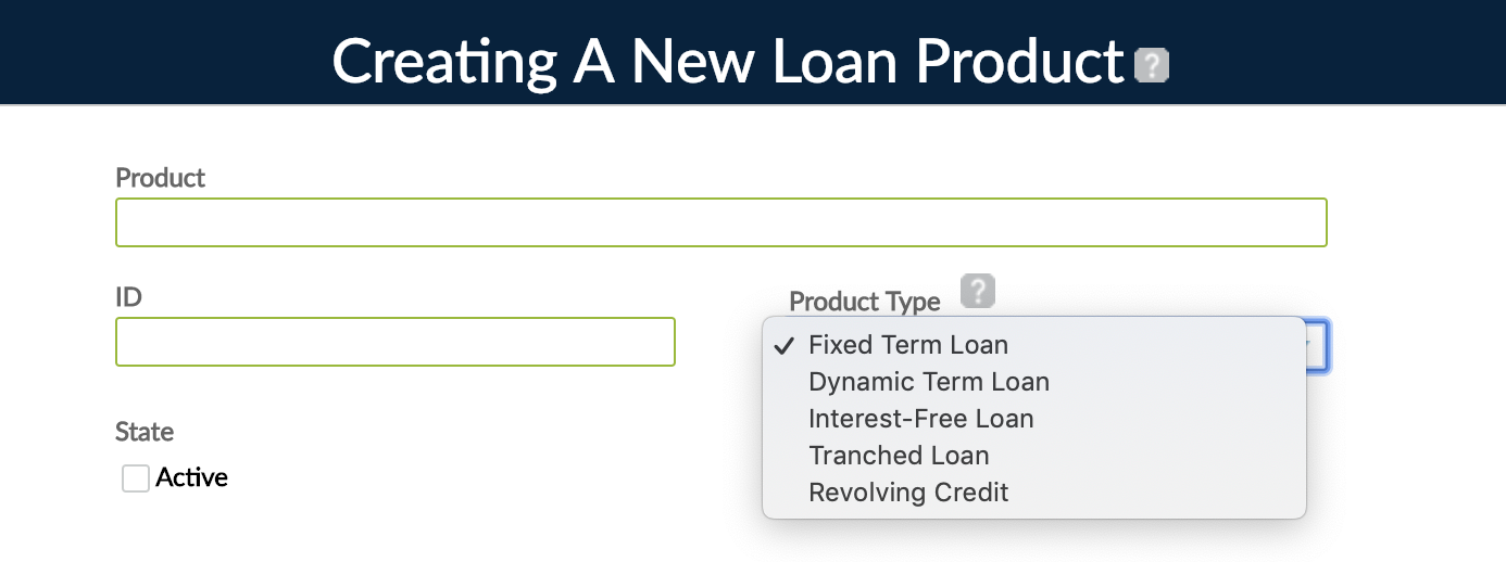 Create Loan Product with Product Type drop-down enabled.