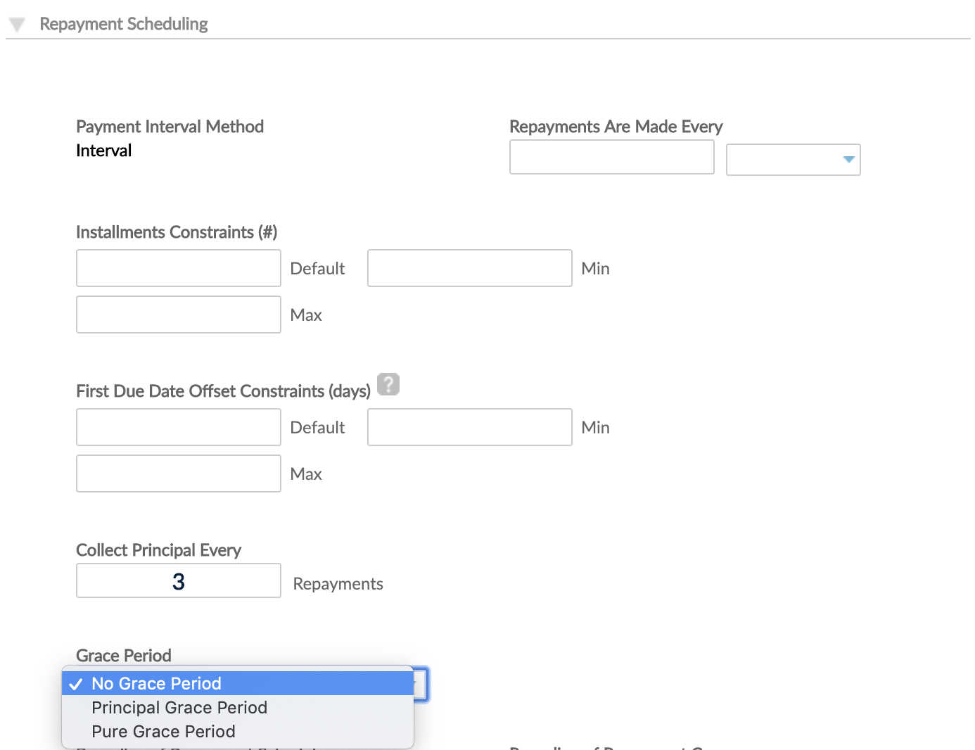 Repayment Scheduling section with Grace Period drop-down