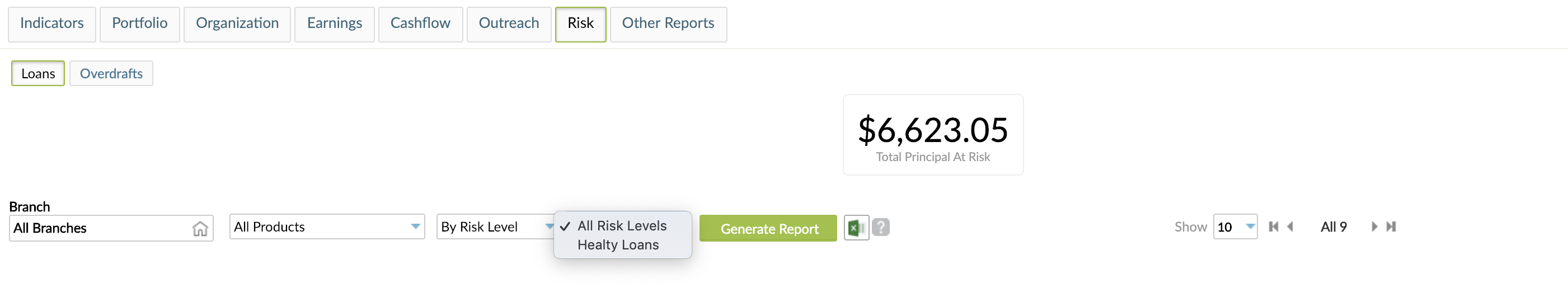 Risk level filter with defined options
