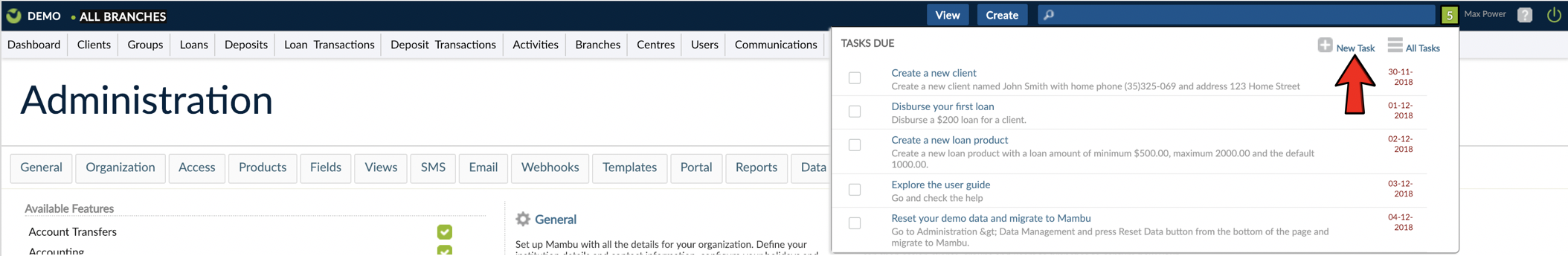 Create task from task option in top bar.