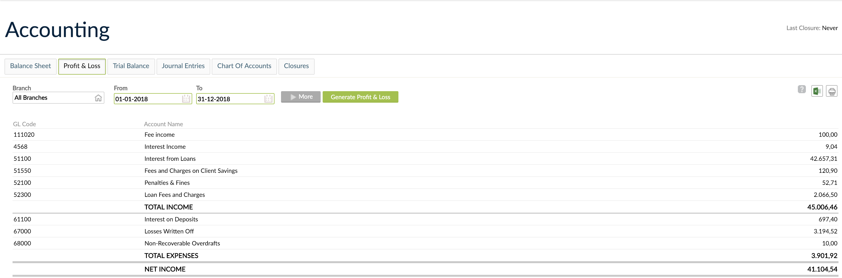 Profit &amp; Loss screen with options to be set in order to Generate the report.