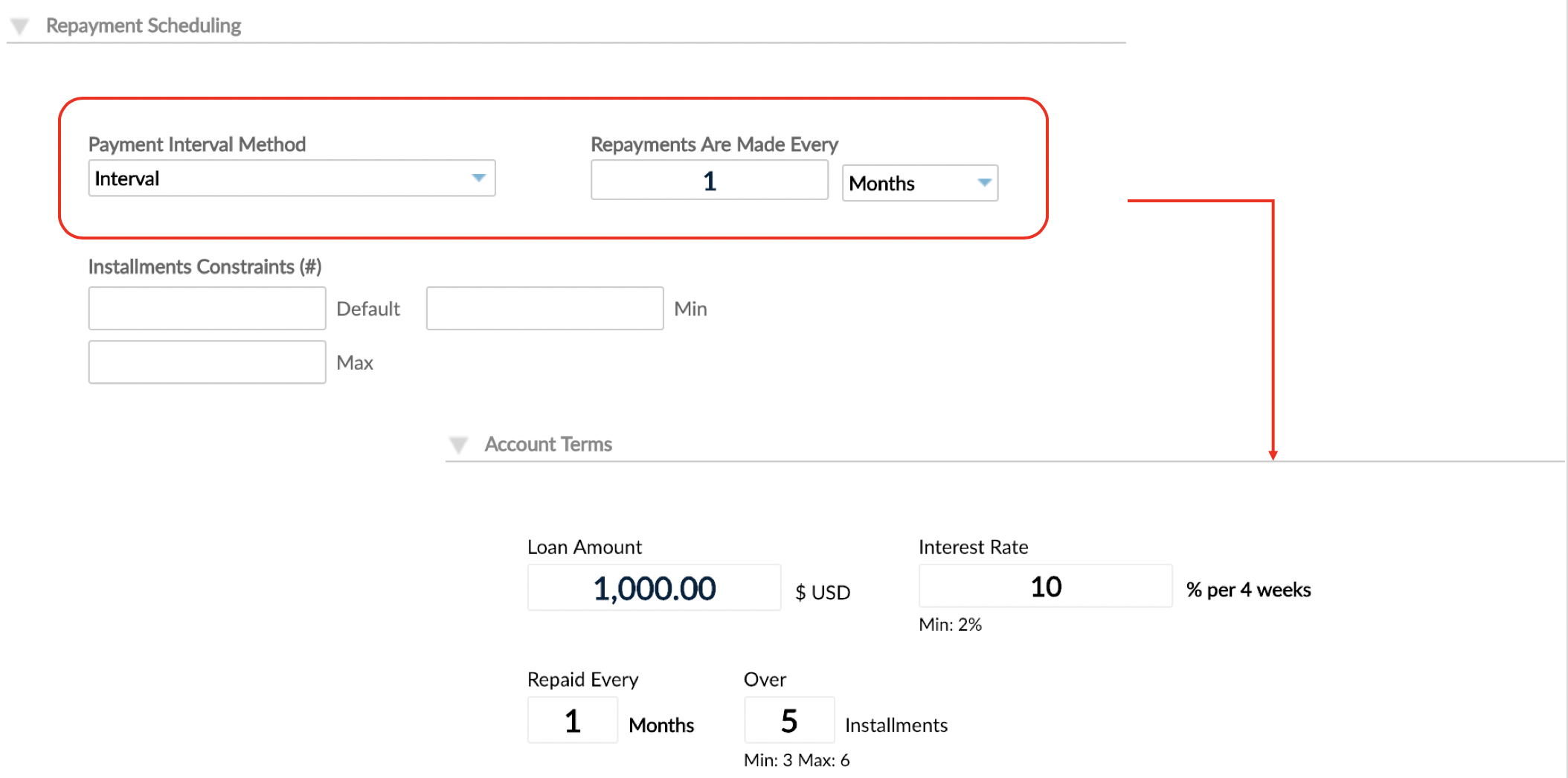 Repayment Scheduling section at Product Level and Account Terms section at Loan Account Level.