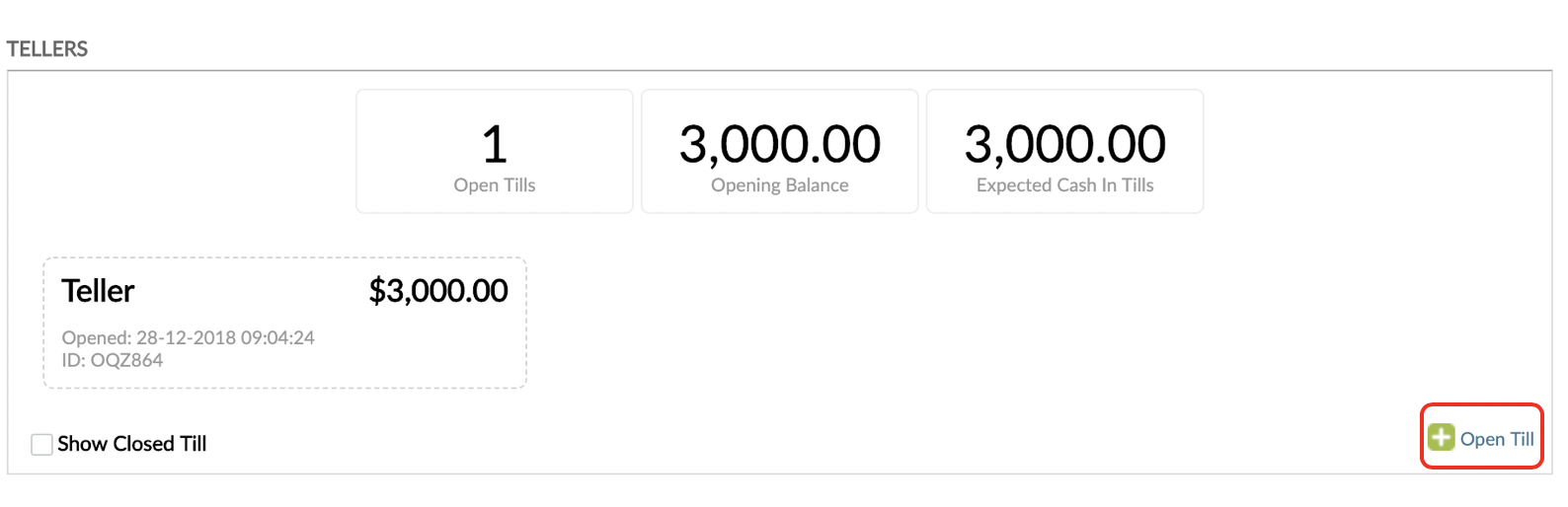 Teller widget with Open Till button