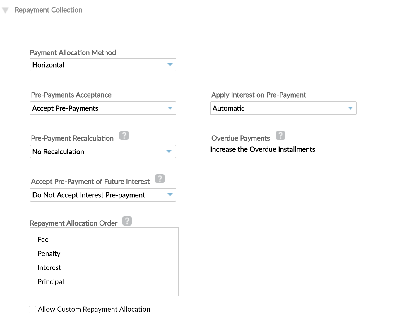 Repayment Collection section at Product Level with various options.