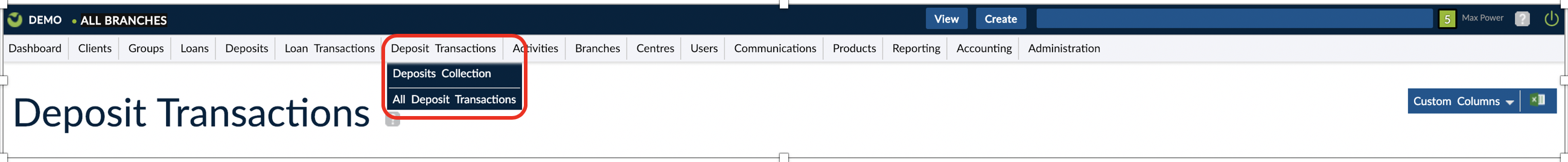 Deposits Transactions menu with Deposits Collections options