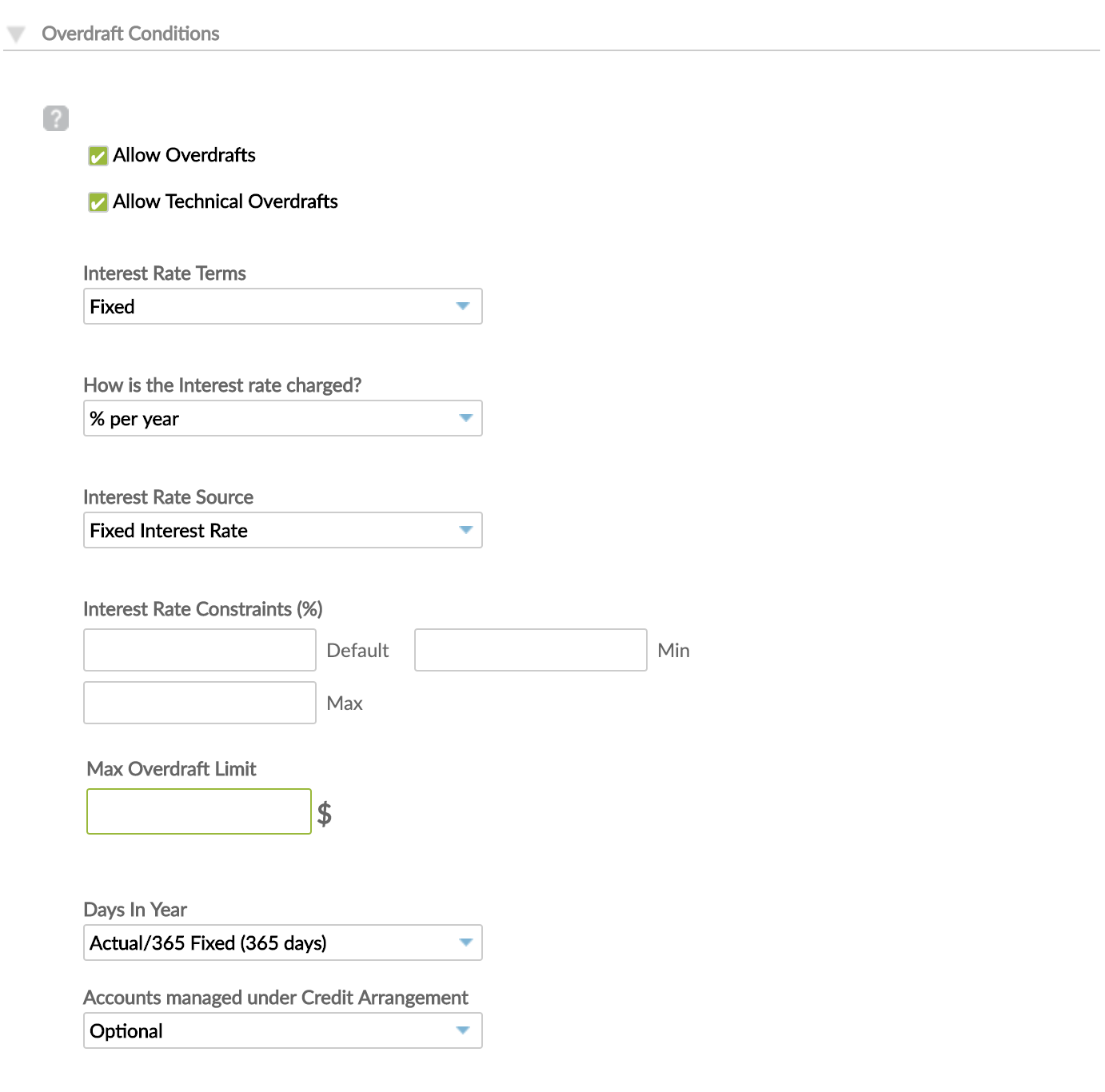 Allow Overdraft and Allow Technical Overdraft options checked under Overdraft Conditions section