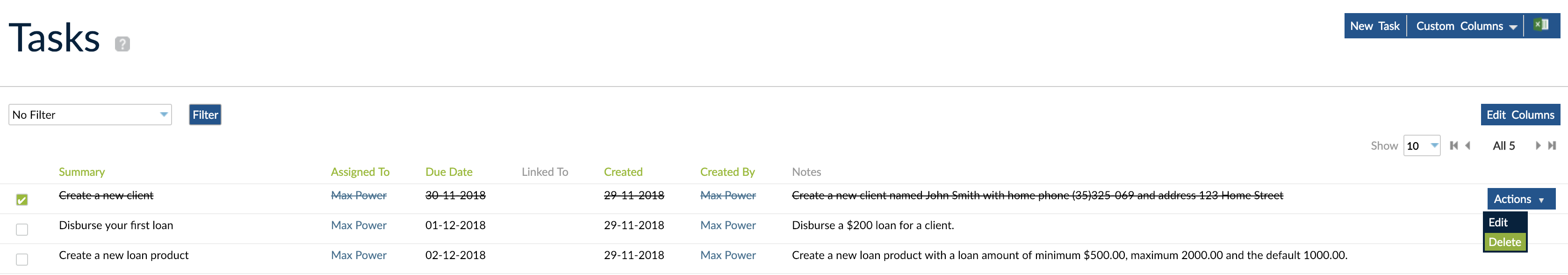Actions button with Edit and Deleted options
