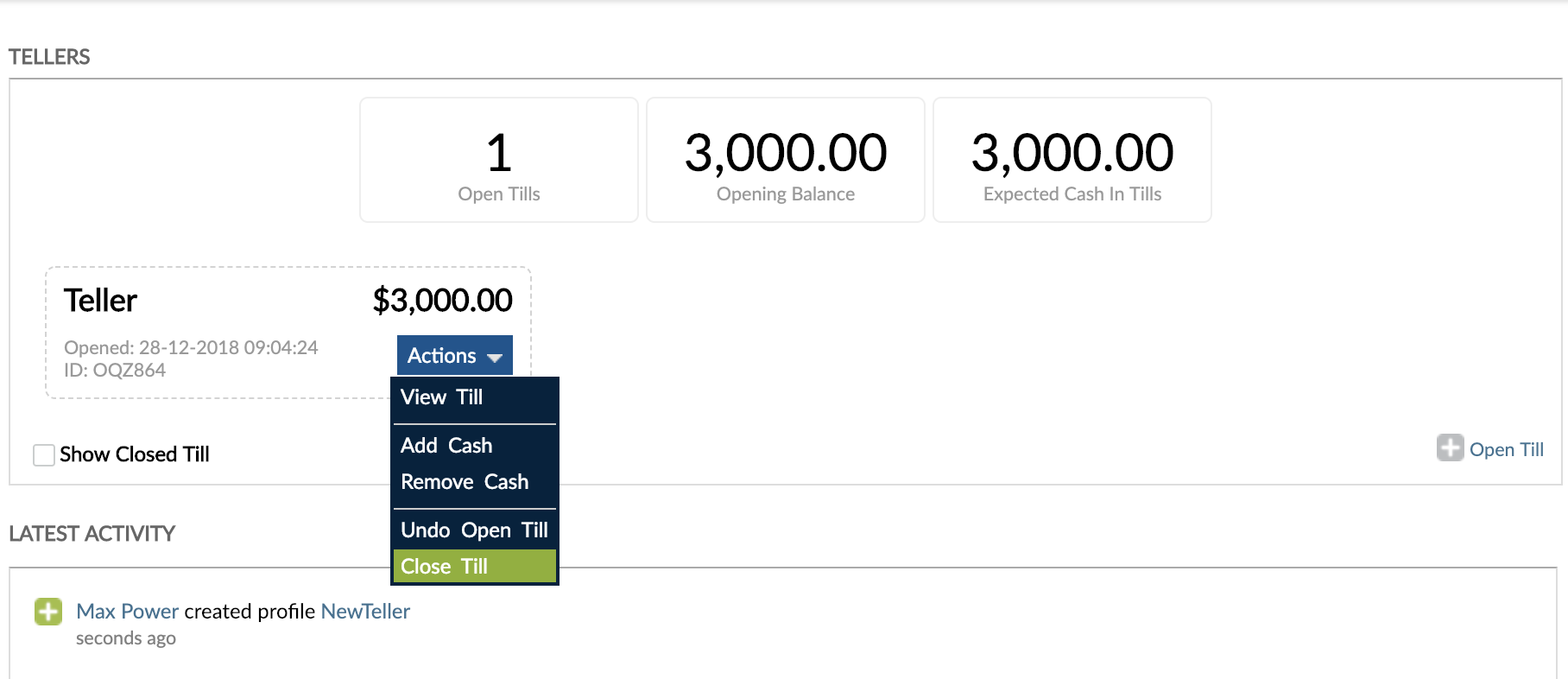Actions button from Tellers widget with Close Till option.