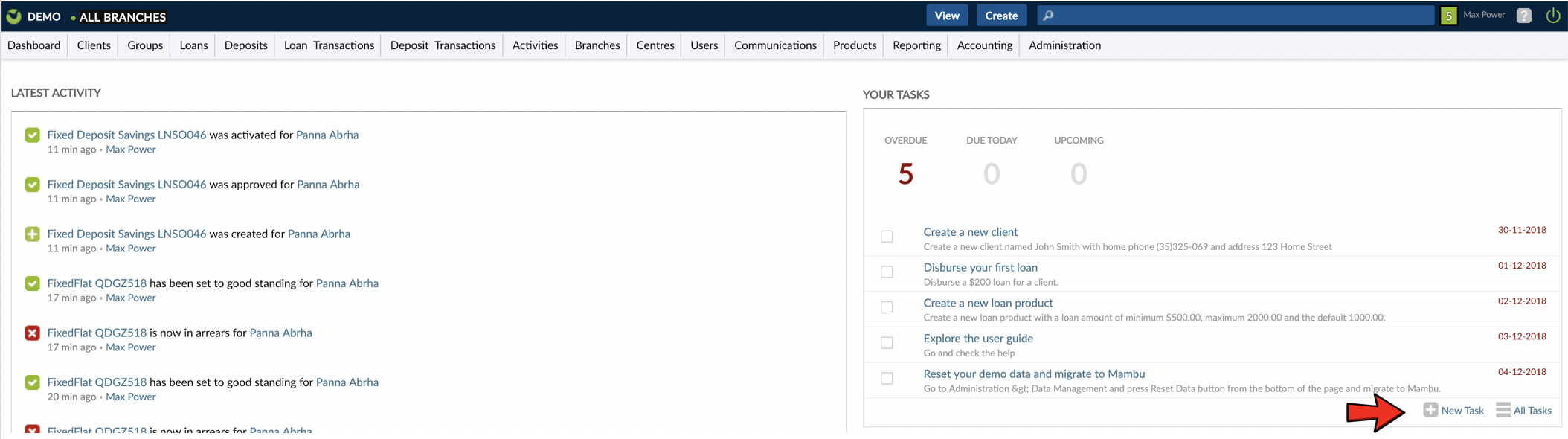 Create Task from Dashboard