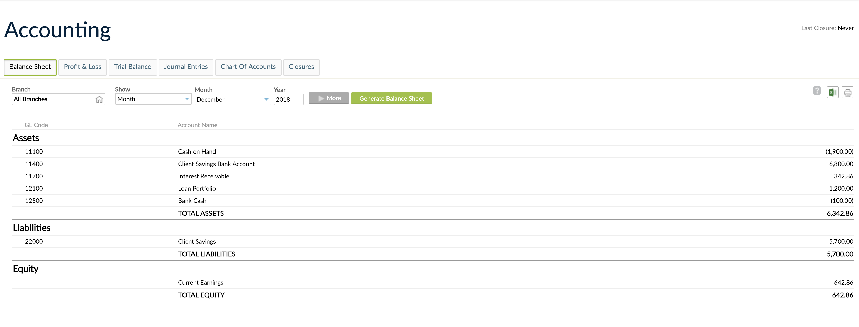 Balance Sheet screen with options to be set in order to Generate the report.