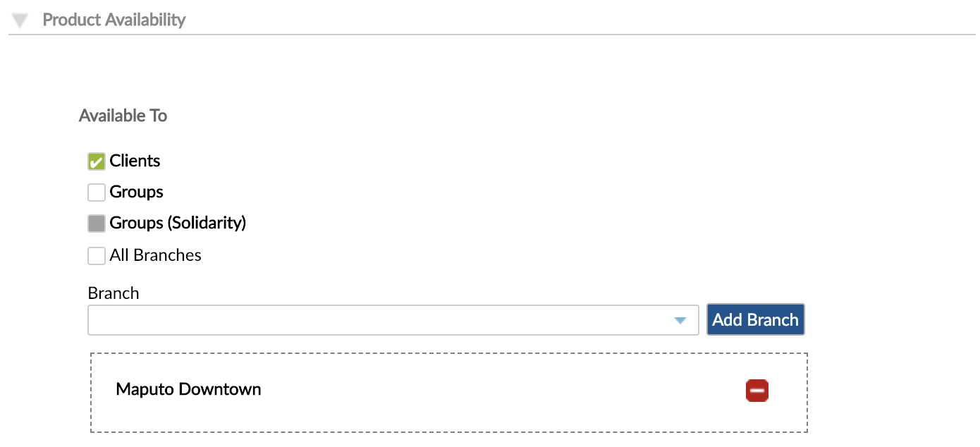 Product Availability section with Clients, Groups, Groups (Solidarity) and All Branches options