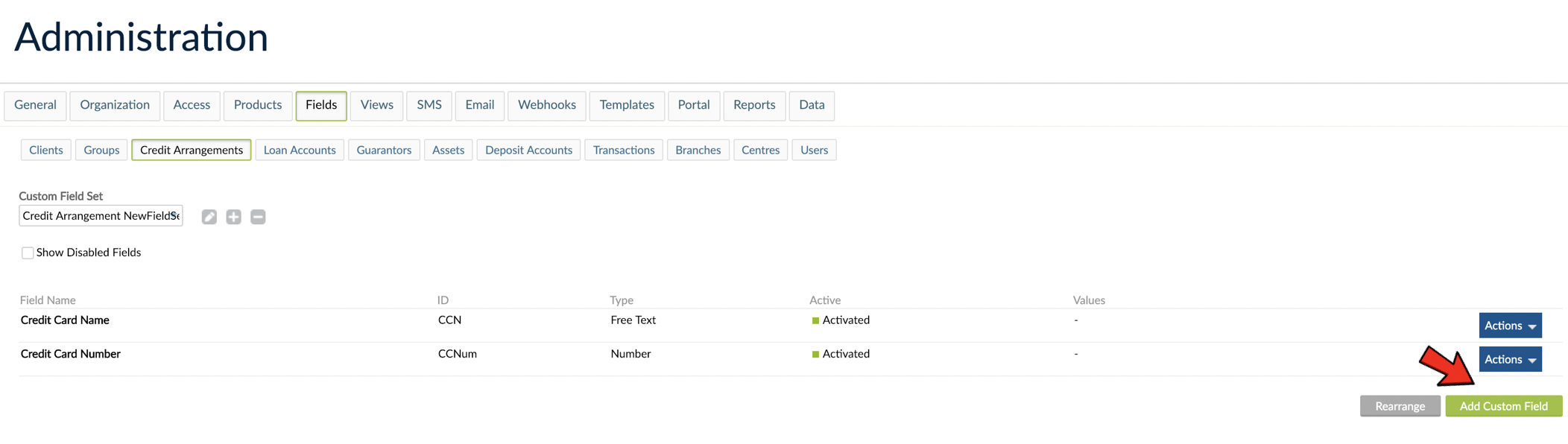 Administration - Custom fields for Credit Arrangements