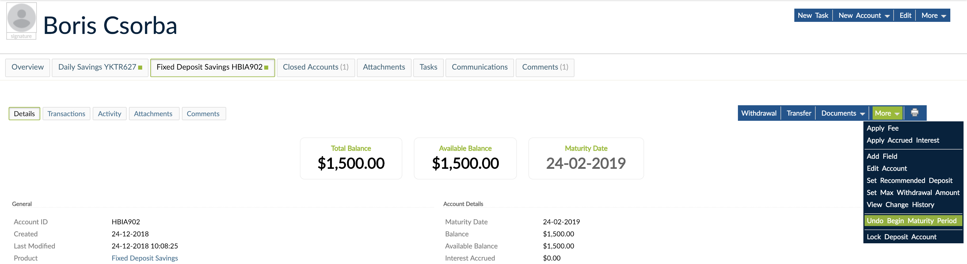 More drop-down with Undo Begin Maturity Period