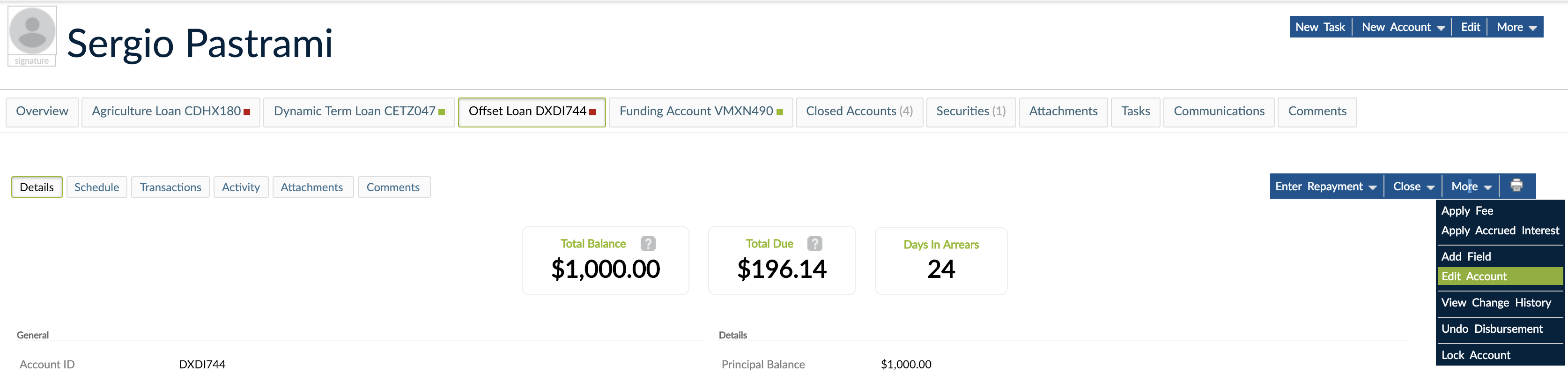 More button drop-down menu with Edit Account option selected