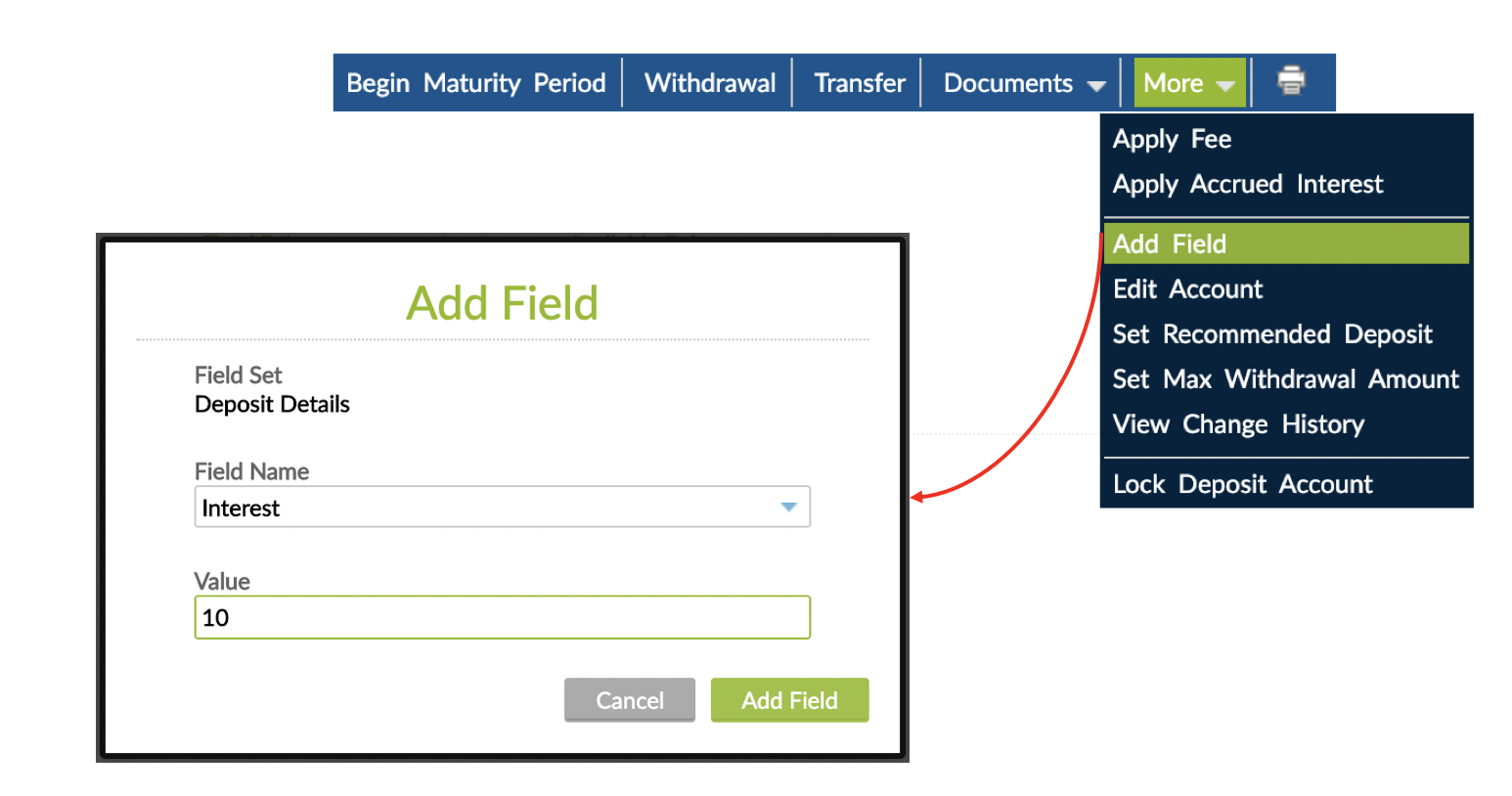 Add field option and Add field pop-up