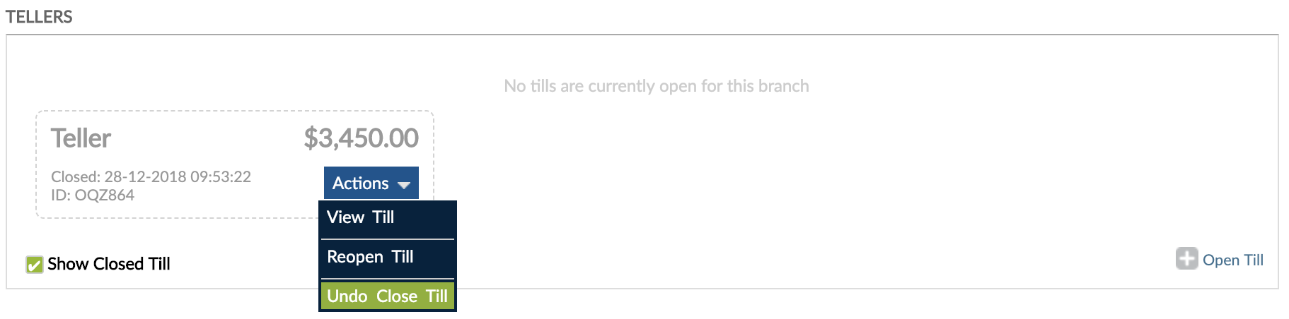Undo Close Till option from Actions drop-down menu
