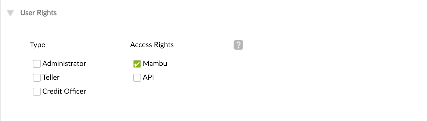 User rights section from Create user view