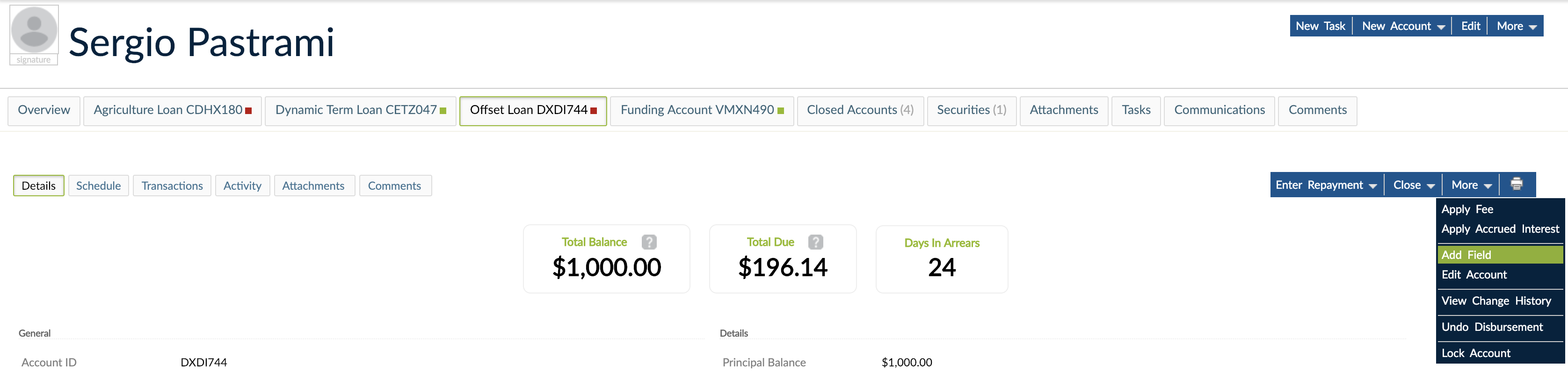 Add field options from More drop-down menu