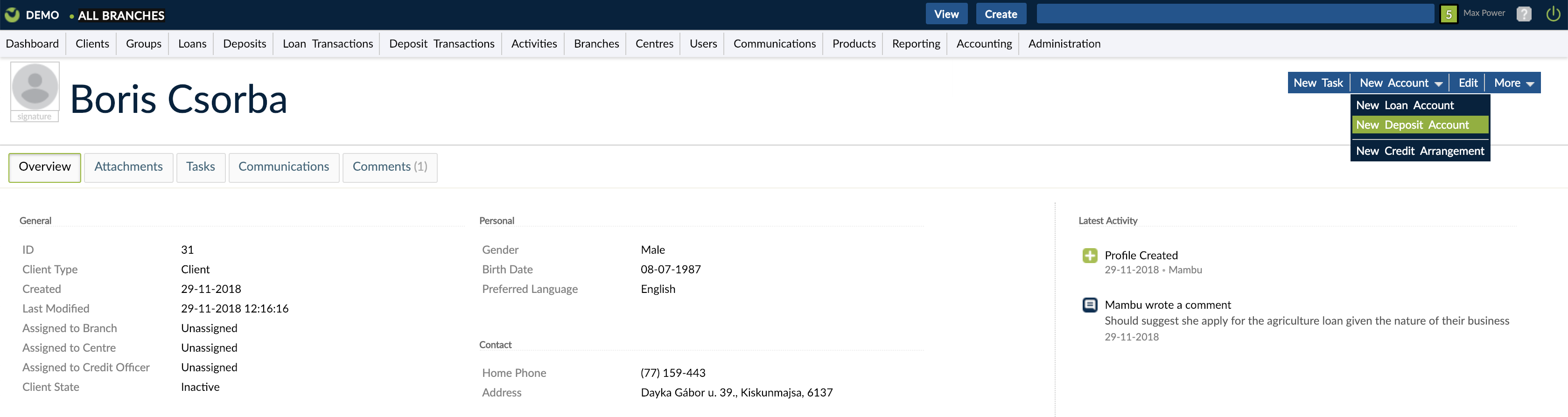 Client Profile with New Account drop-down.