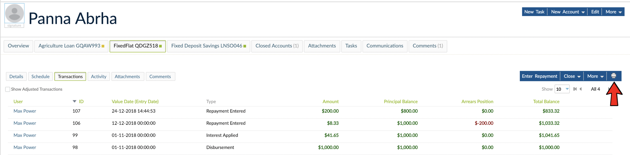 Printing loan accounts transactions from Transactions tab