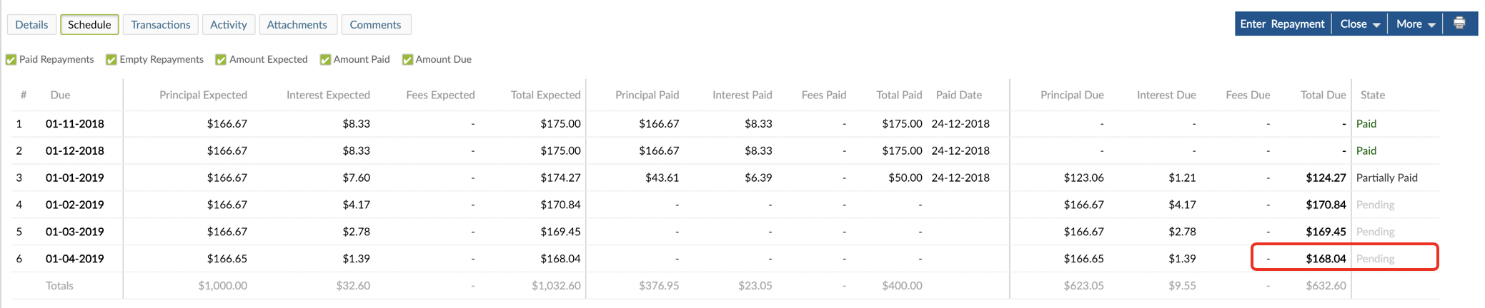 Schedule with Increase Overdue Installment option after a repayment is made.