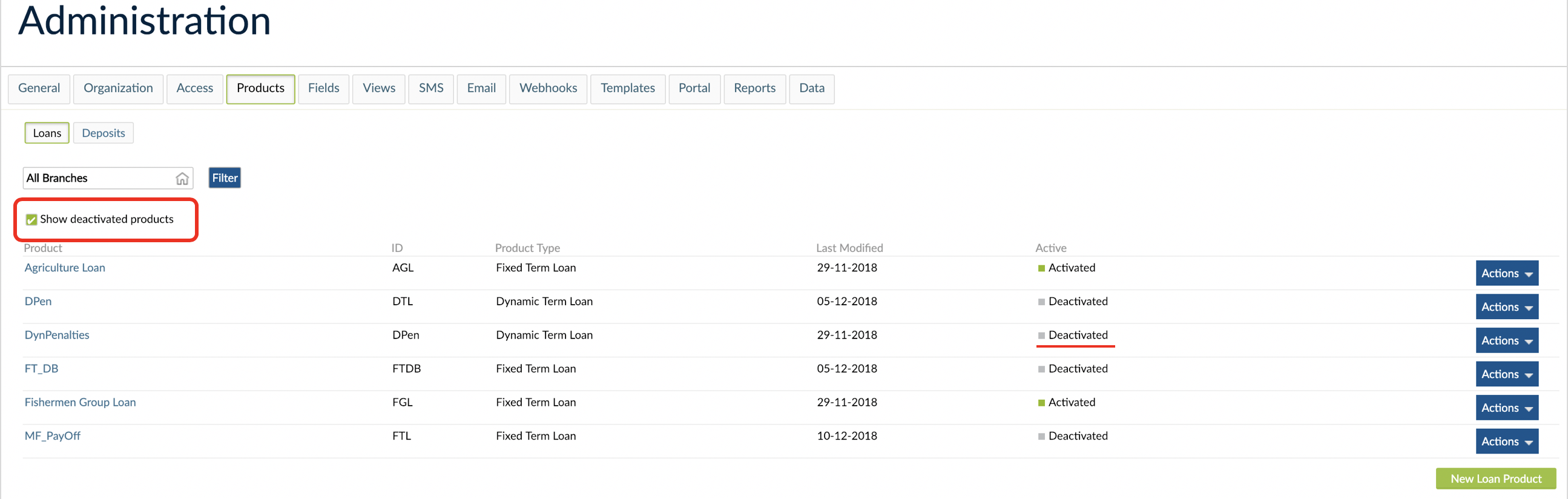 Show deactivated products option checked.