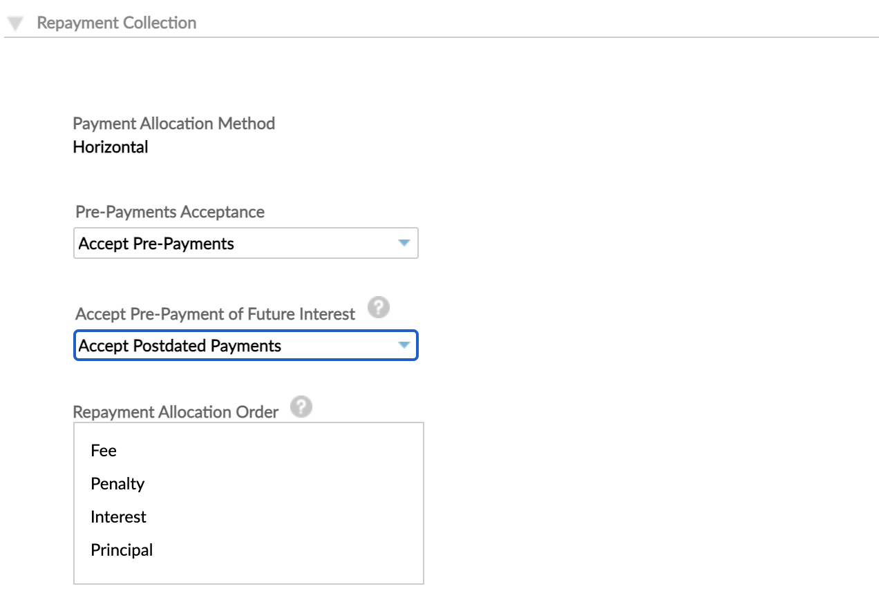 Accept postdated repayments option in the Repayments Collection section of the loan product setup