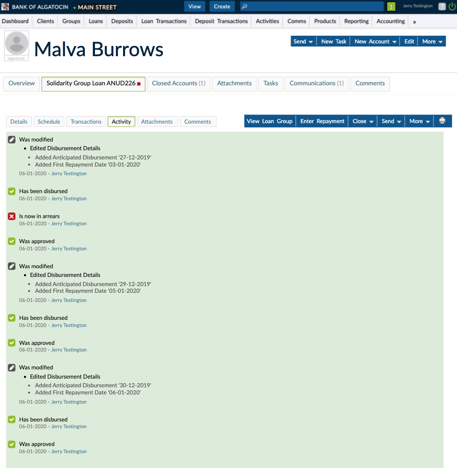 latest activity tab for a deposit or loan account