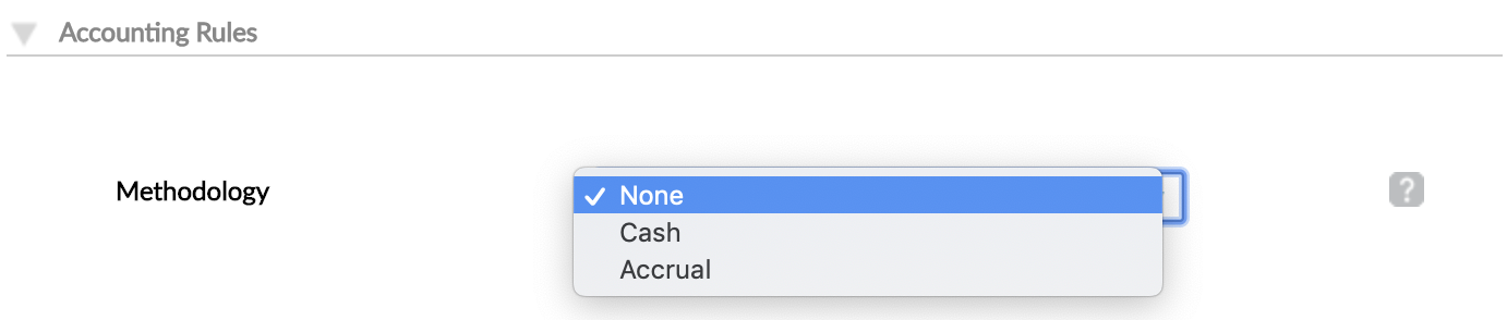 Accounting Rules - Methodology dropdown with None, Cash and Accrual options