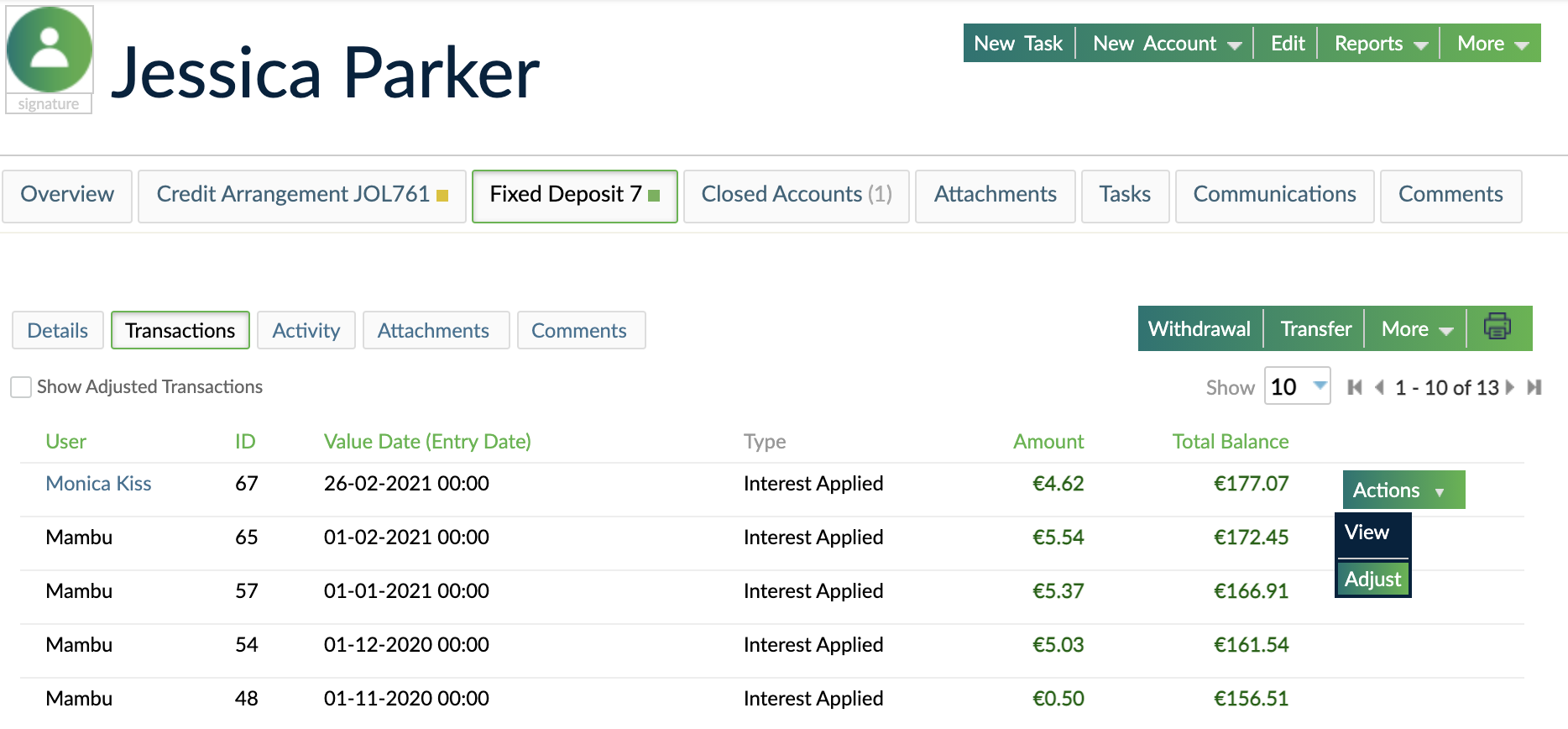 Undo interest applied by adjusting the corresponding transaction