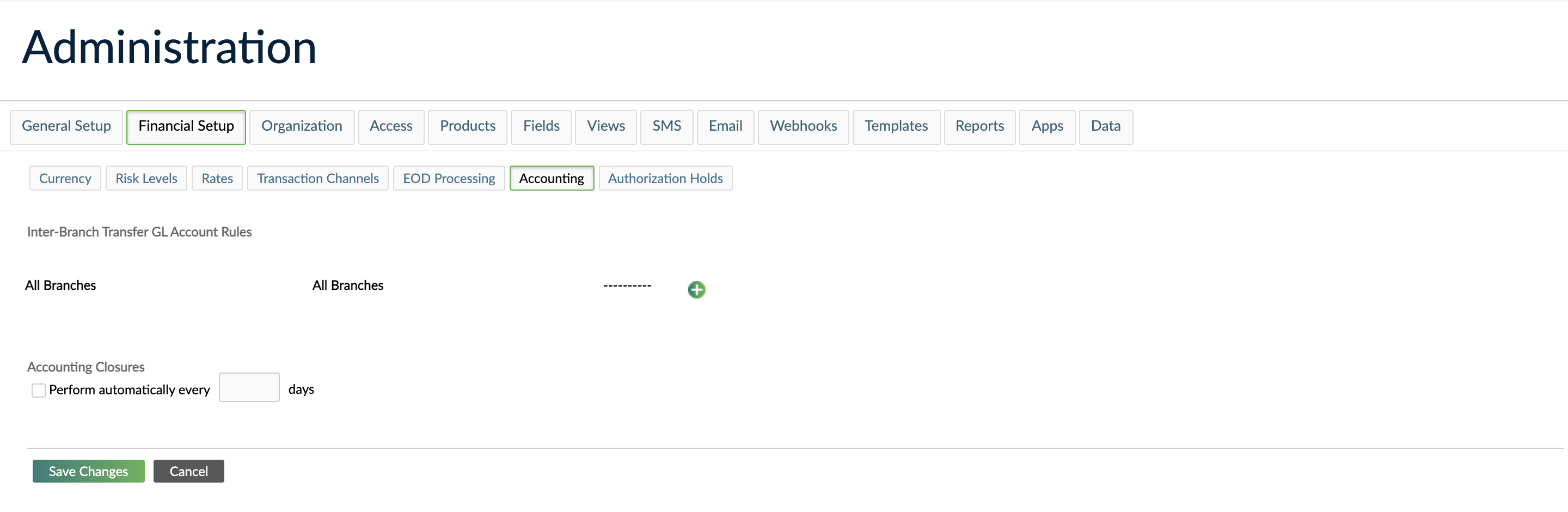 The administration screen with the Inter-Branch Transfer GL account rules