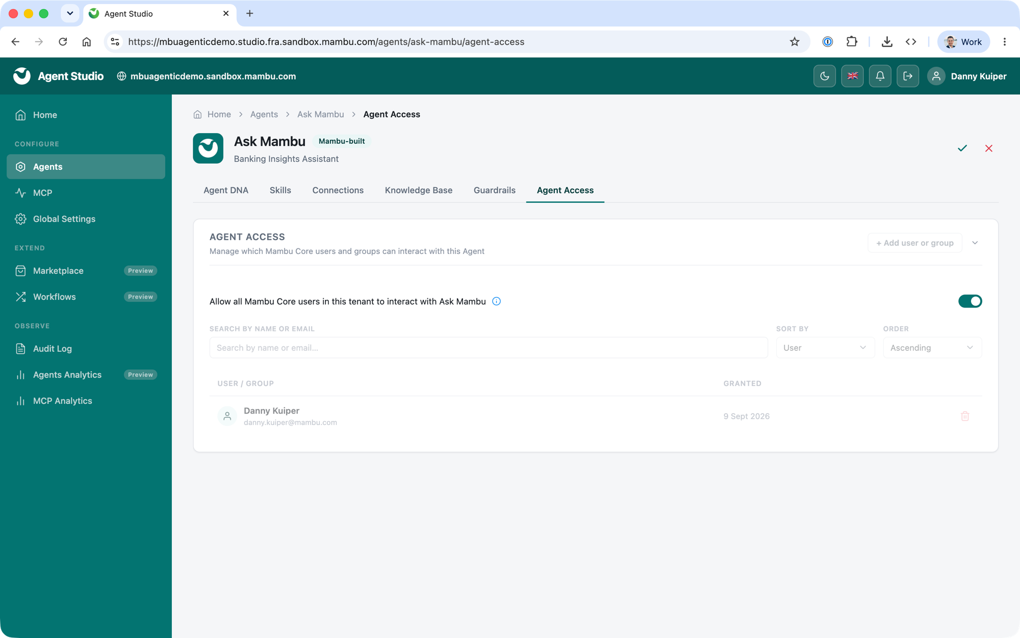 Agent Studio Agent Access tab with the option to allow all users or grant access to specific users or groups