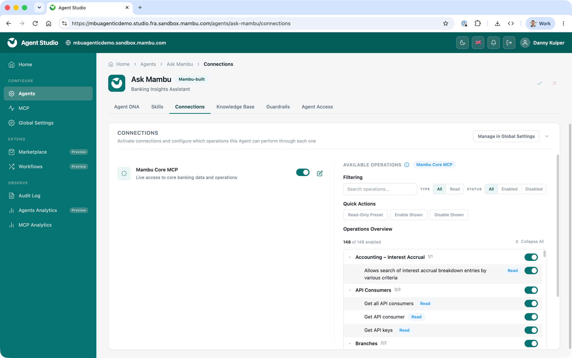 Agent Studio Connections tab showing the Mambu MCP connection and its enabled operations