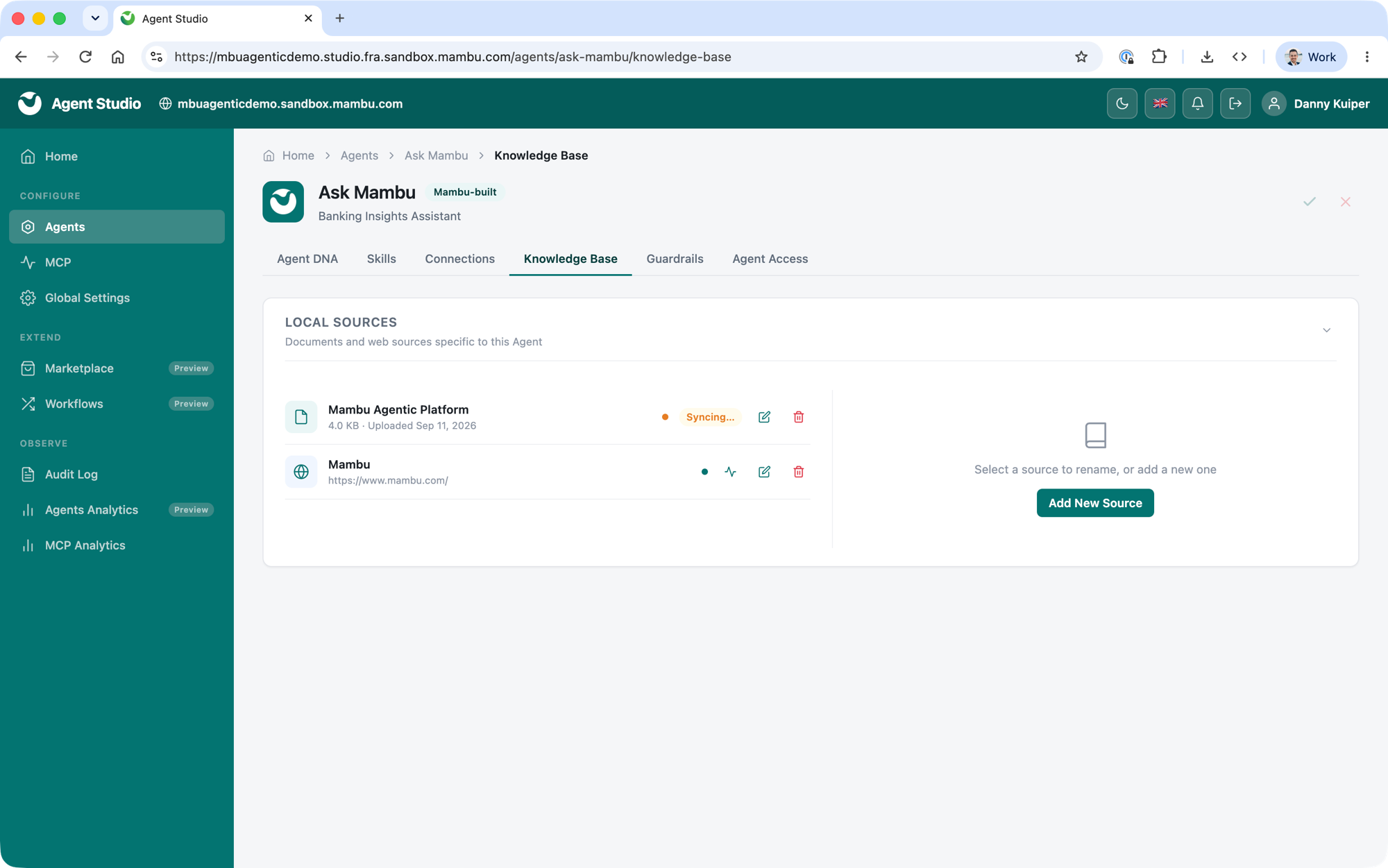 Agent Studio Knowledge Base tab showing uploaded documents and web page sources