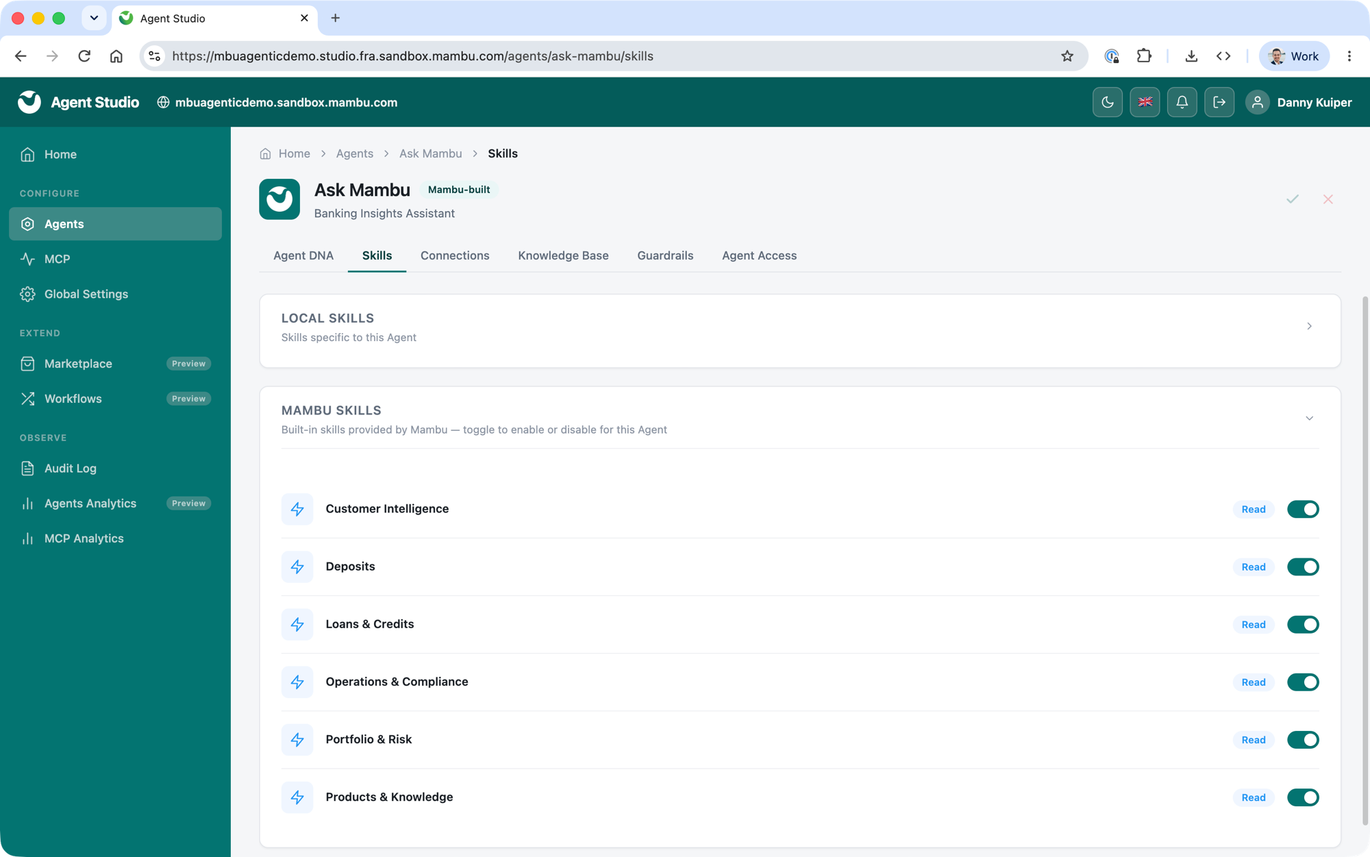 Agent Studio Skills tab listing Mambu skills and local skills, each with an on/off toggle
