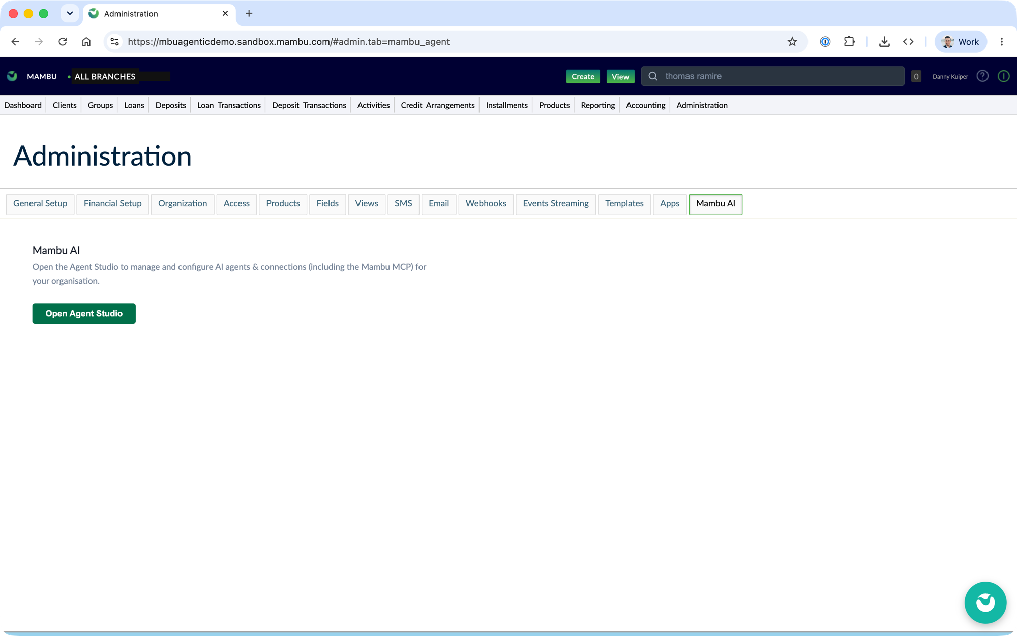 Mambu Core Administration menu showing the Mambu AI section with the Open Agent Studio option