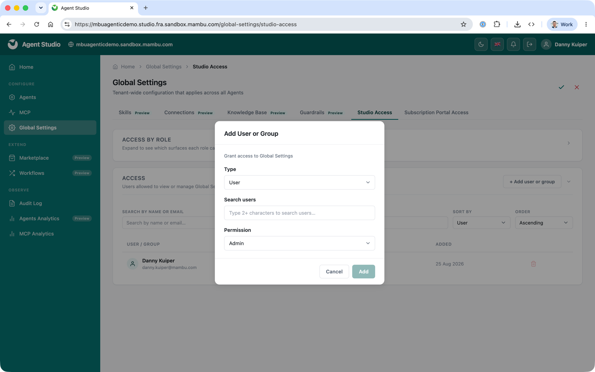 Agent Studio Global Settings Studio Access tab, adding a user or group as Admin or Editor