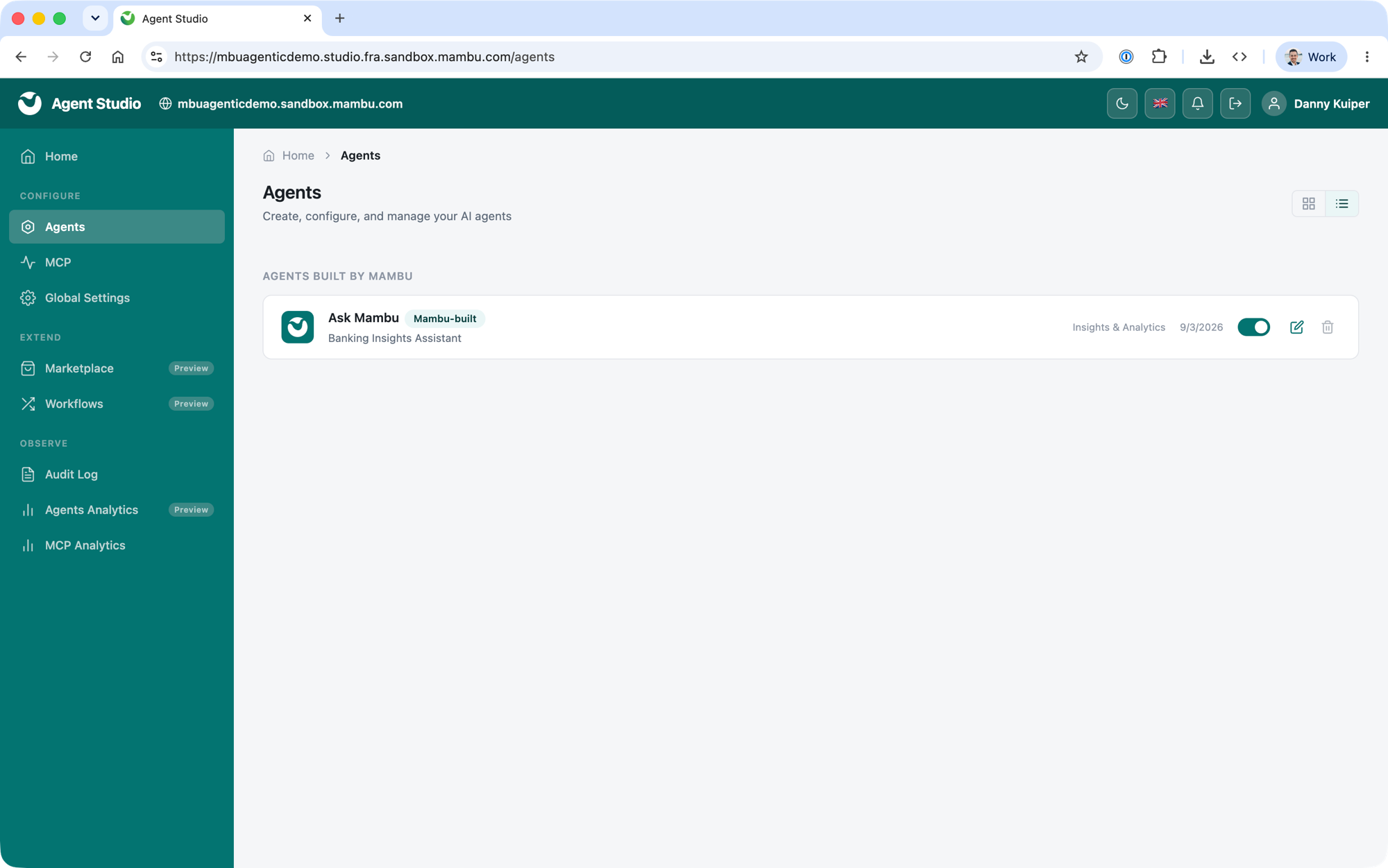 Agent Studio agent editor showing the Agent DNA, Skills, Connections, Knowledge Base, Guardrails and Agent Access tabs