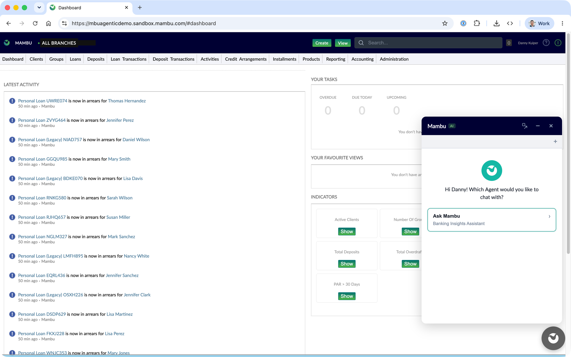 Mambu Core navigation with the agents chat window open, showing the list of available agents