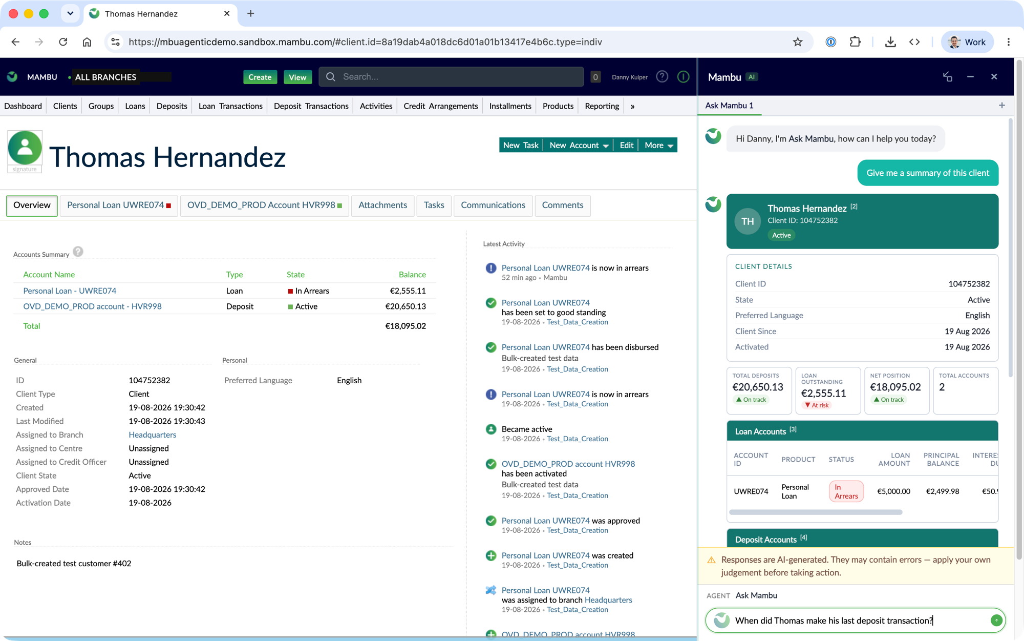 Ask Mambu chat window showing a question and an answer with citations